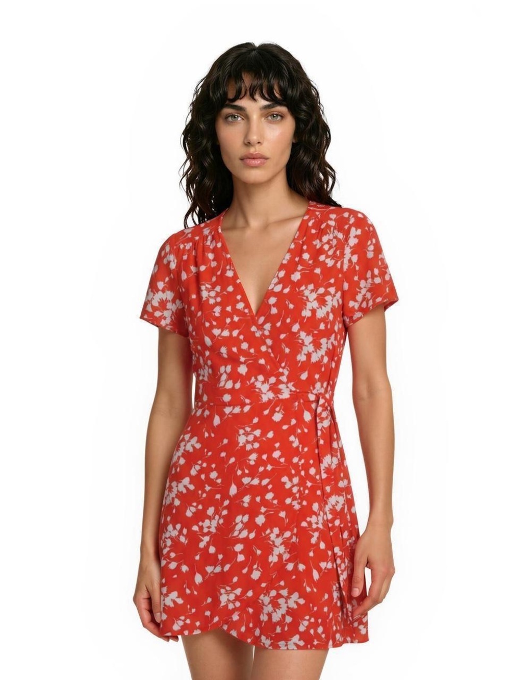 J. Crew Red Mini Wrap Dress with‎ White Floral Print